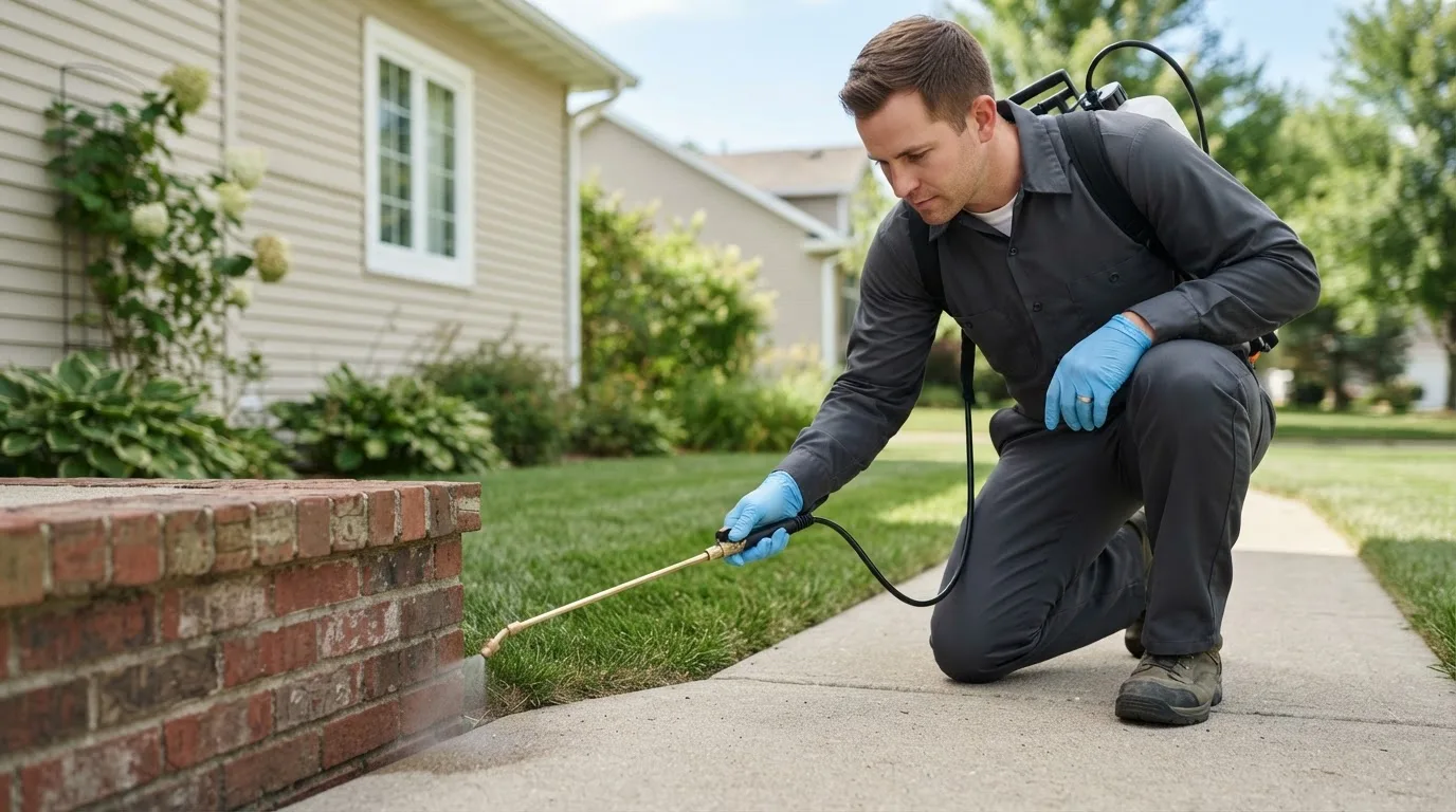 Pest control technician treating a home near West Orange, NJ